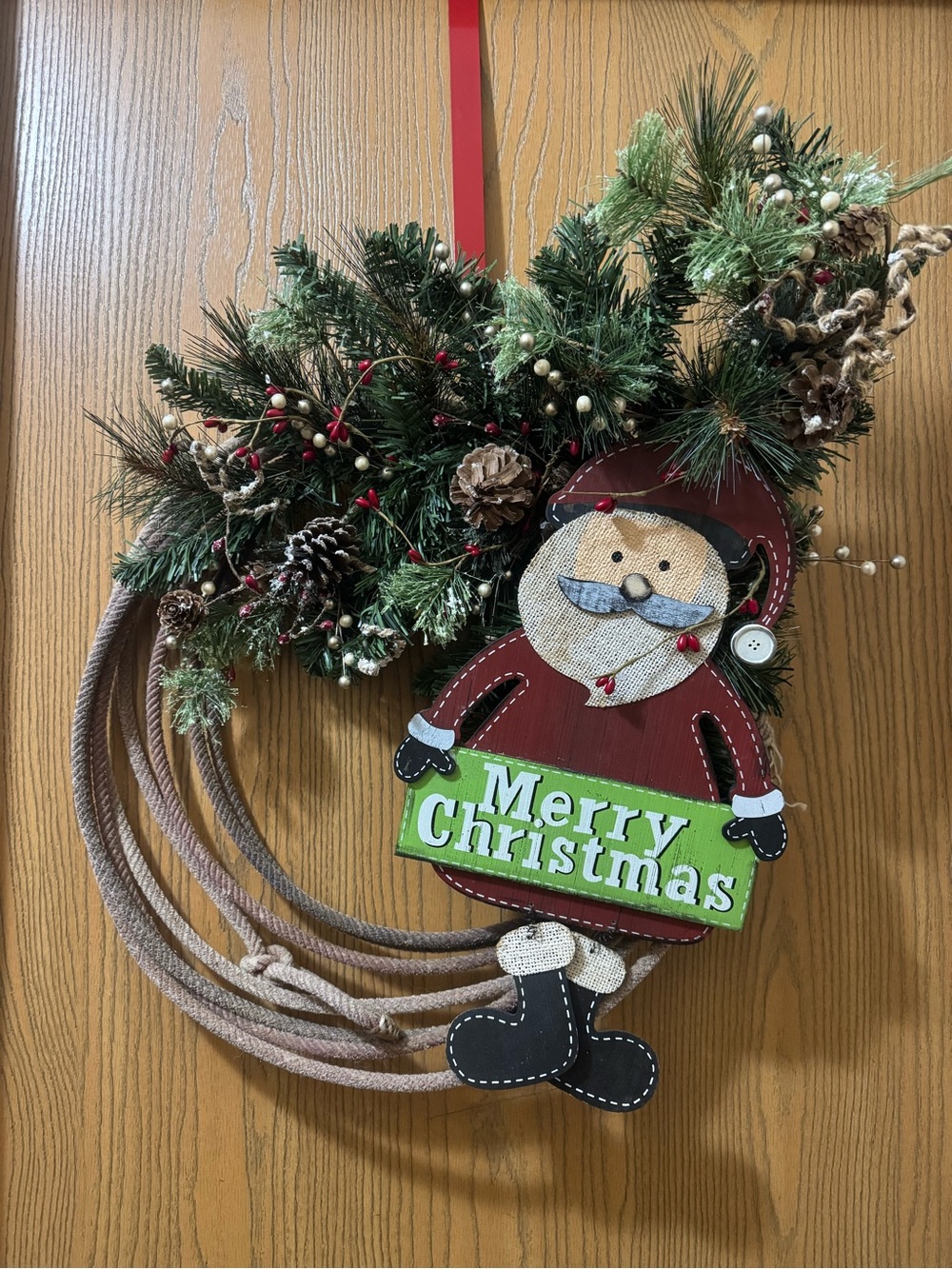 Rustic Merry Christmas Santa Wreath - Green and Red Holiday Door Decor